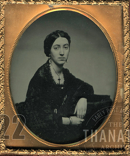 1/6 Ambrotype Beautiful Woman in Mourning Dress & Cross 1850s