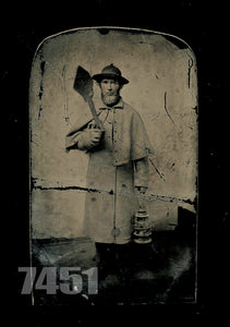 Tintype of Man Holding Shovel & Lantern - Gravedigger? Antique Occupational Rare
