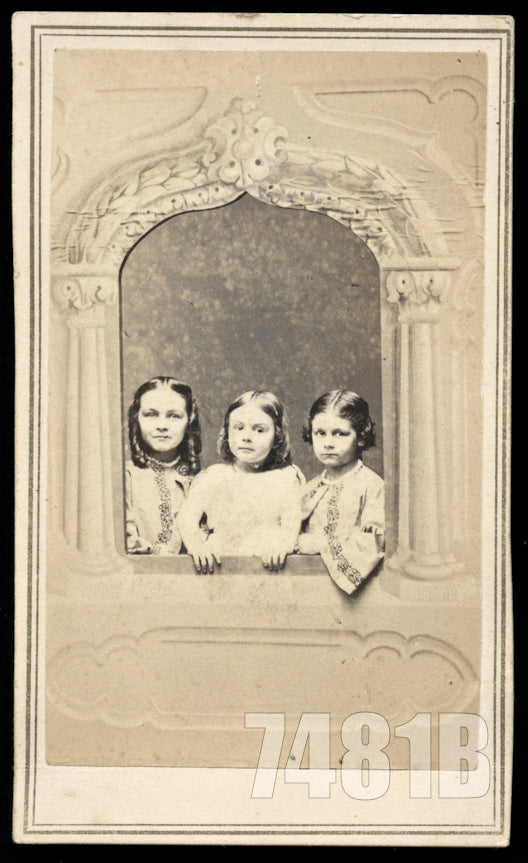 Bogardus CDV of Three Cute Little Girls Posing in Prop Window 1860s