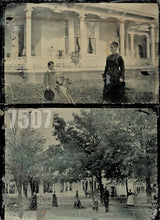 Load image into Gallery viewer, Full Plate Outdoor Tintype Set People in Front of House, Boy on Rocking Horse
