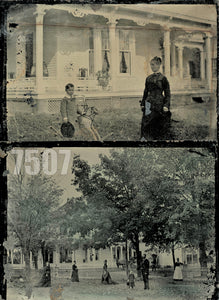 Full Plate Outdoor Tintype Set People in Front of House, Boy on Rocking Horse