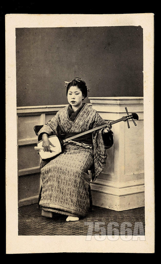 Pretty Japanese Woman Geisha Playing Shamisen Music Instrument 1860s