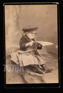 Cute Funny Cabinet Card Photo Girl Reading Newspaper NYC Photographer's Daughter