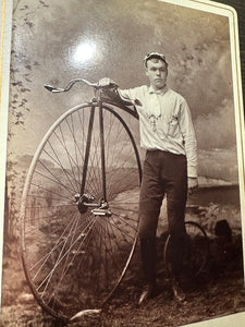 Antique Cabinet Card Cyclist in Racing Uniform Posing with High Wheel Bicycle