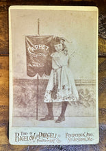 Load image into Gallery viewer, Missouri Banner Girl Holding Carpet Seller Sign! Cabinet Card Photo, 1890s
