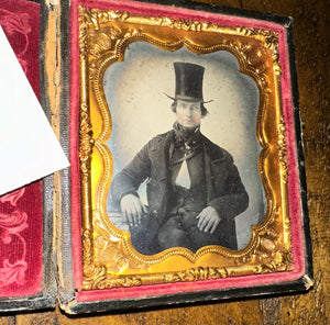 C1860 1/6 Ambrotype Man Wearing Tall Top Hat & Goatee ID’d Wm. Schofield 1800s