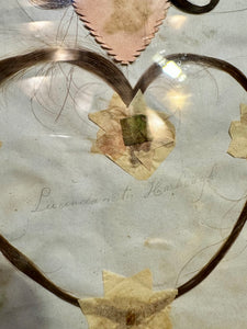Antique Burning Hearts Hair Memorial in Frame / 1830s Ohio / Two ID'd People