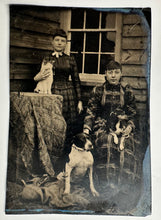 Load image into Gallery viewer, Excellent 1890s Tintype! Girls / Sisters with CAT &amp; Two Dogs

