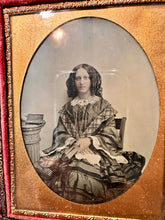 Load image into Gallery viewer, 1/4 AMBROTYPE PRETTY WOMAN LONG HAIR CURLS JEWELRY BEAUTIFUL DRESS HOLDING BOOK
