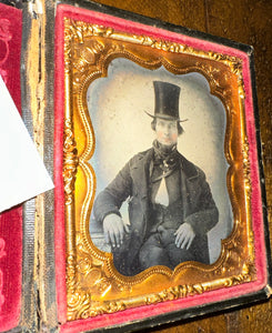 C1860 1/6 Ambrotype Man Wearing Tall Top Hat & Goatee ID’d Wm. Schofield 1800s