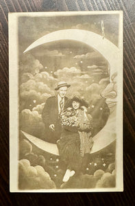 Man & Woman Sitting Paper Prop Moon Dated 1916 Antique Photo RPPC