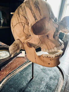 Hand Carved Wood Memento Mori Skull on Base