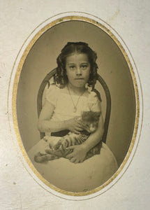 Little Girl Holding Striped Kitten / Cat Great 1870s Tintype Photo