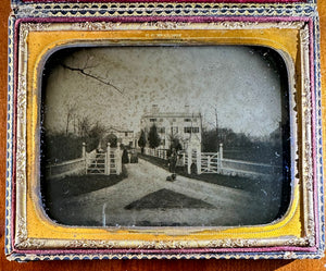 Half Plate Ambrotype People & Dog in Front of House Dorchester Massachusetts