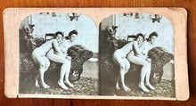 Load image into Gallery viewer, rare stereoview photo c1900 nude victorian girls hugging on couch!
