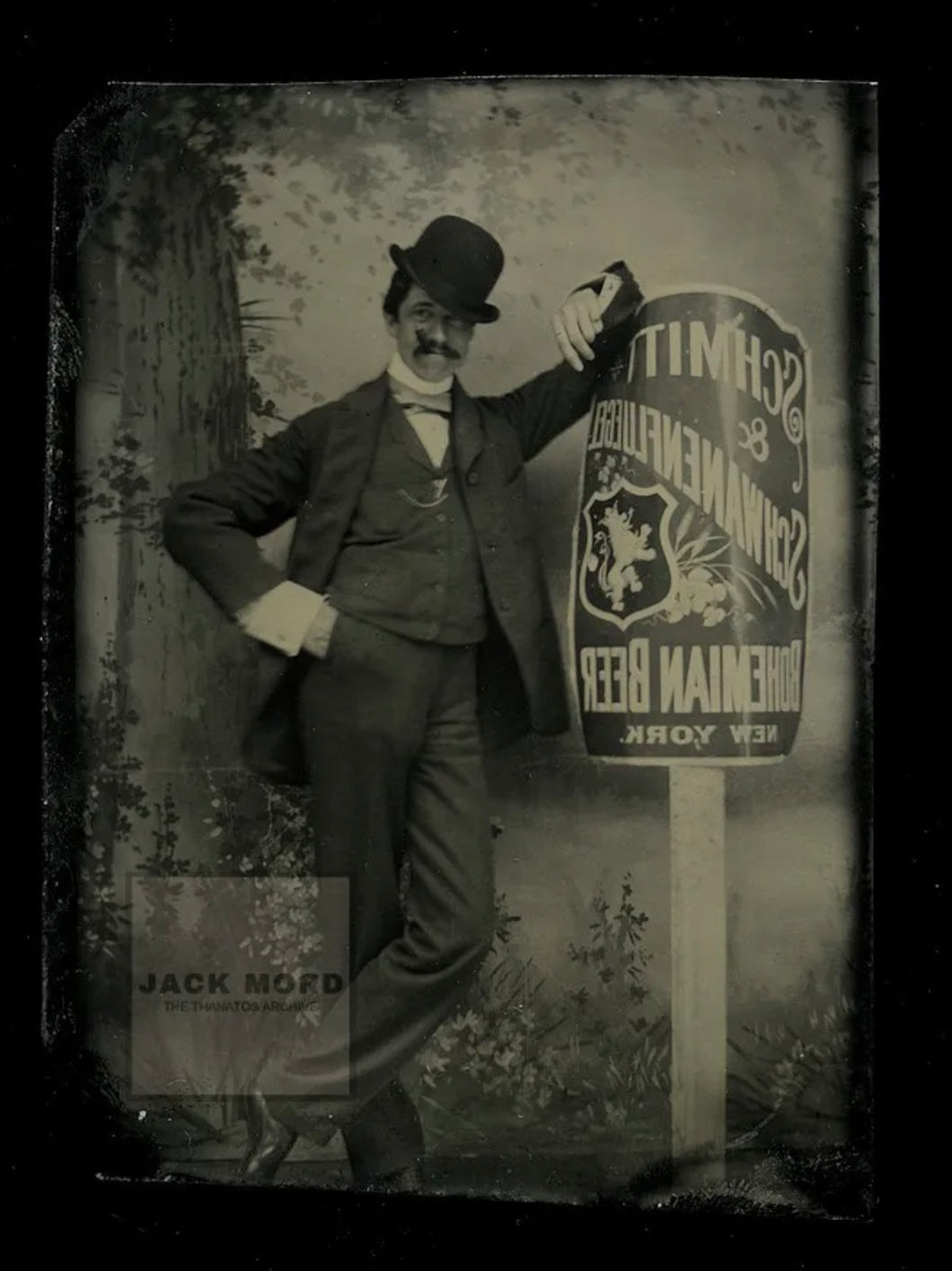 Rare Antique Tintype Photo Cigar Smoking Man & Beer Advertising Sign 1800s