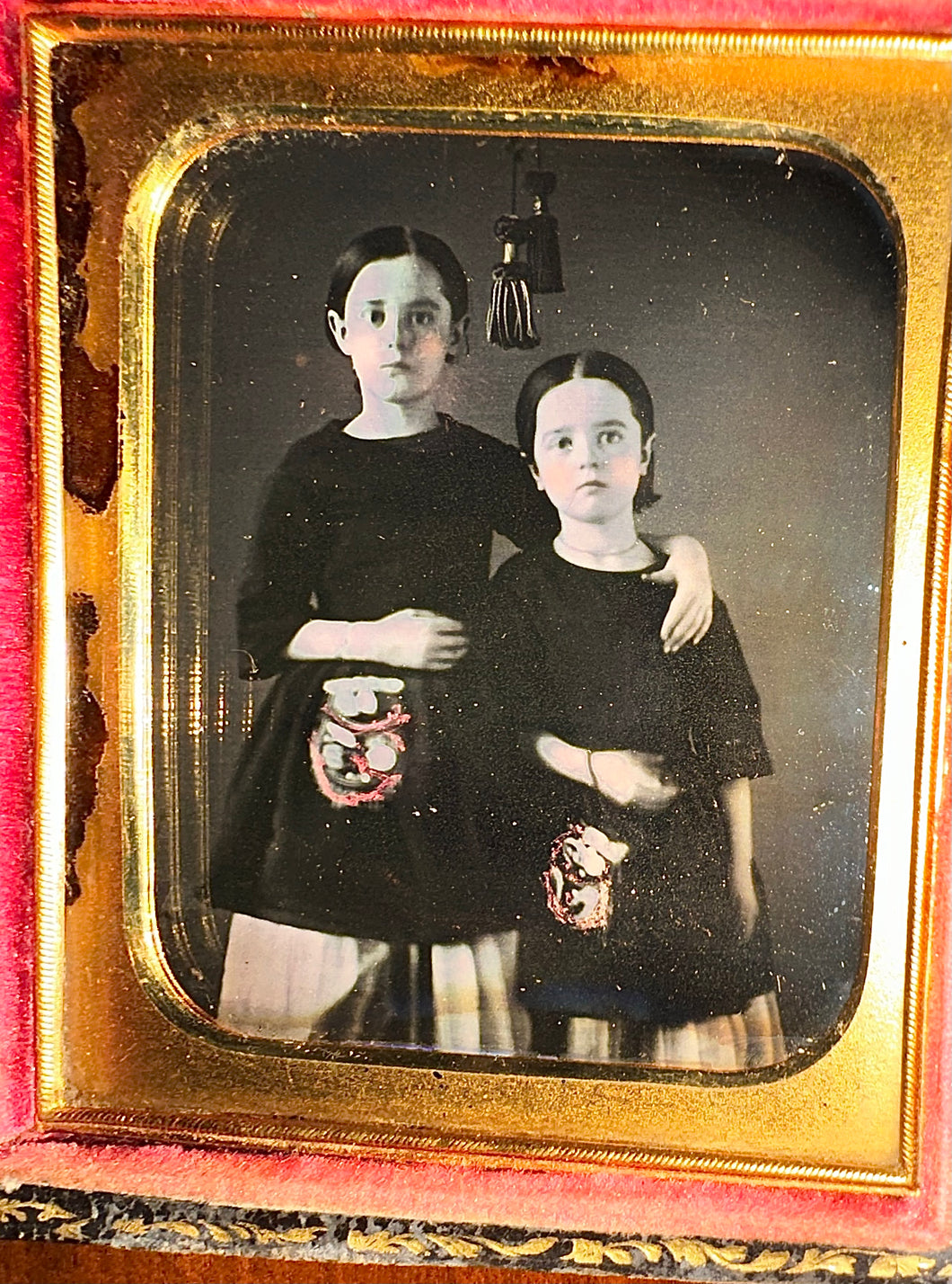 6th Plate Daguerreotype in Special Case Little Girls / Sisters Holding Beaded Purses