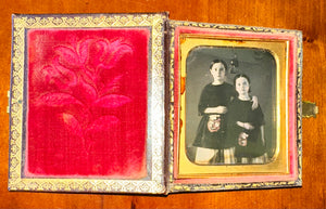 6th Plate Daguerreotype in Special Case Little Girls / Sisters Holding Beaded Purses