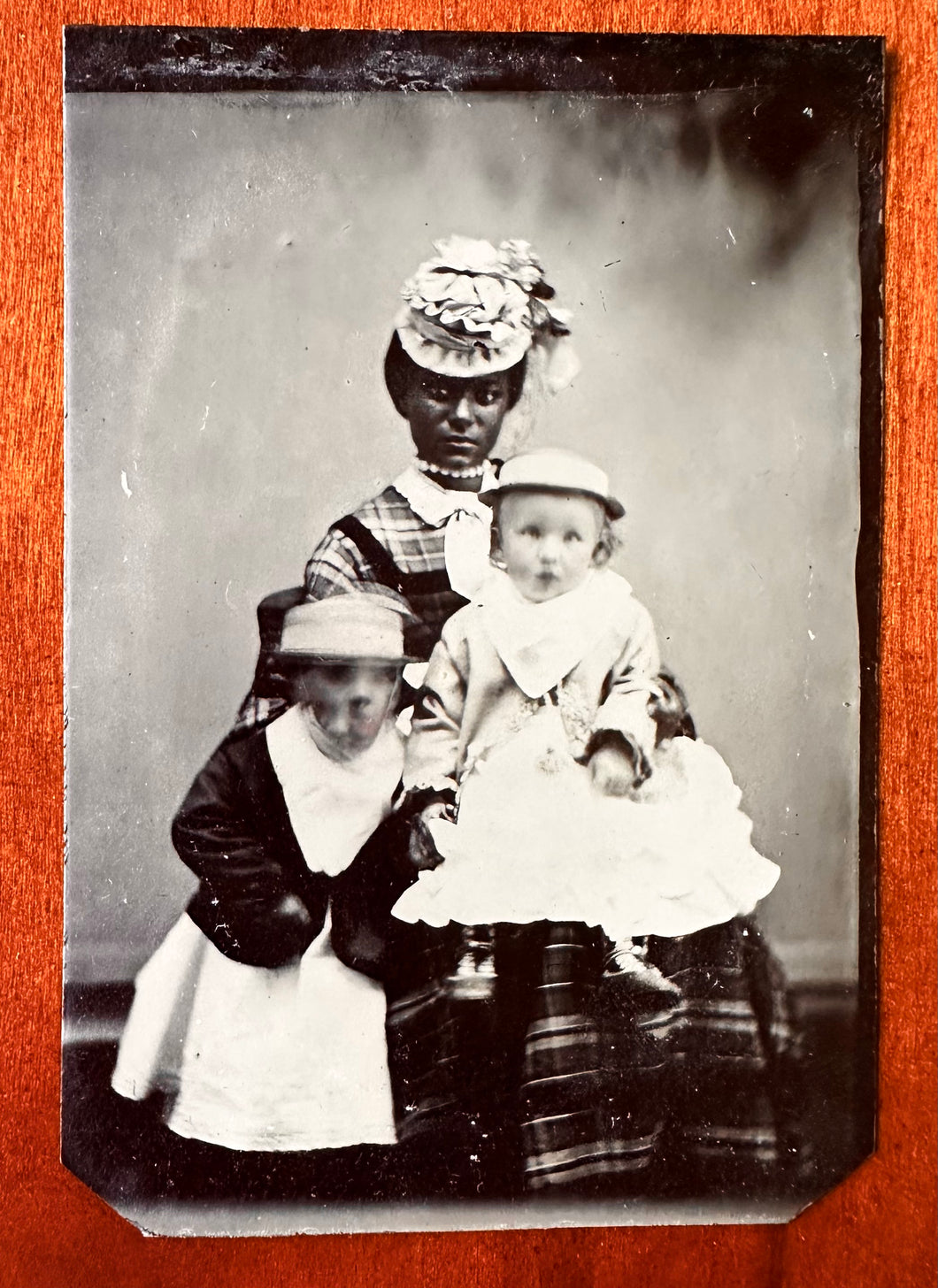 Antique Tintype African American Nanny & Two White Children 19th Century