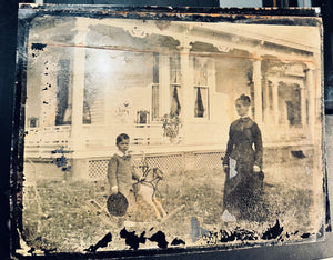 Full Plate Outdoor Tintype Set People in Front of House, Boy on Rocking Horse