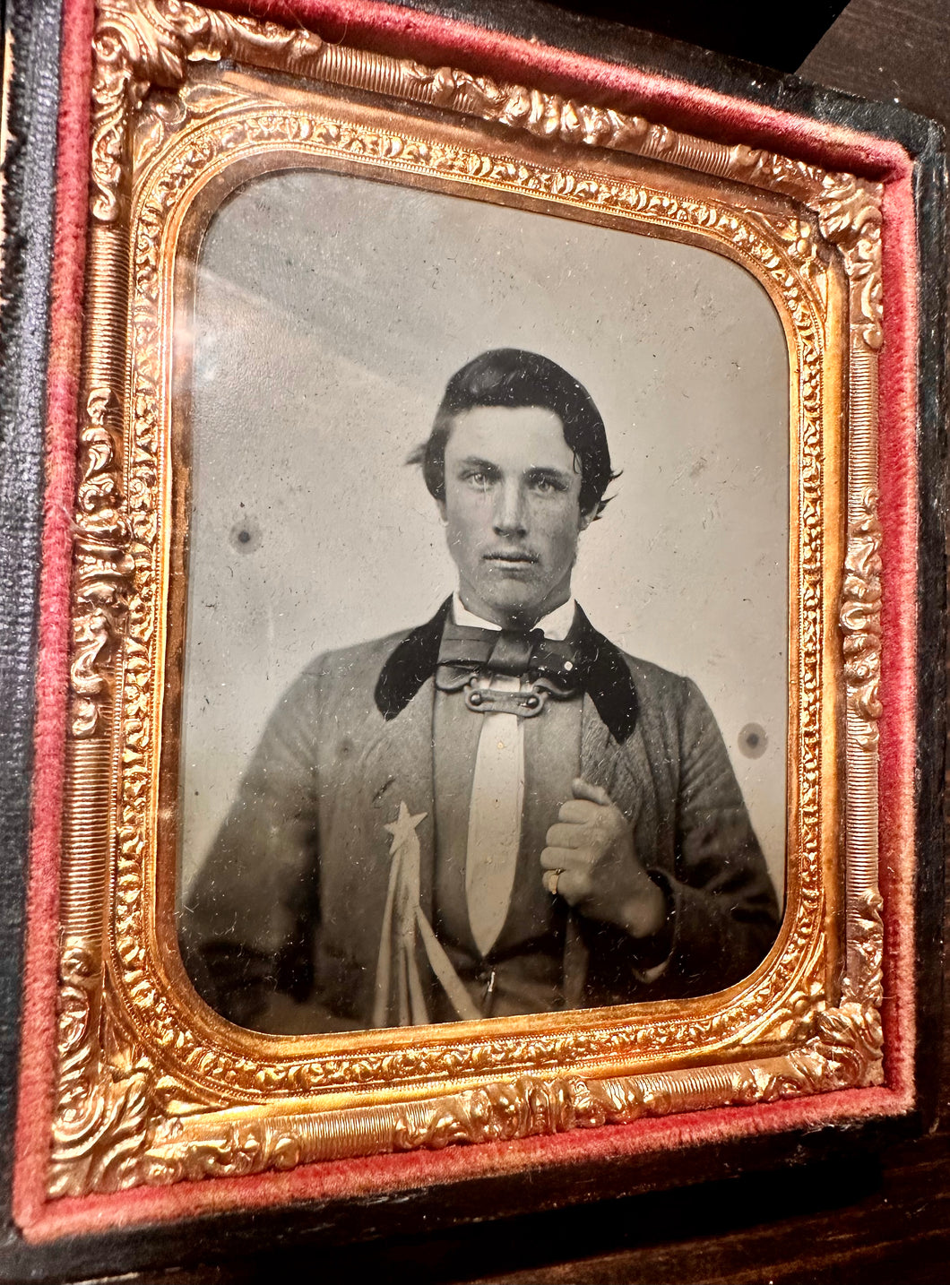Civil War Era Tintype Man Proudly Wearing Cockade Ribbon