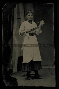 Antique Occupational Tintype Seamstress in Apron Holding Shuttle Scissors Photo