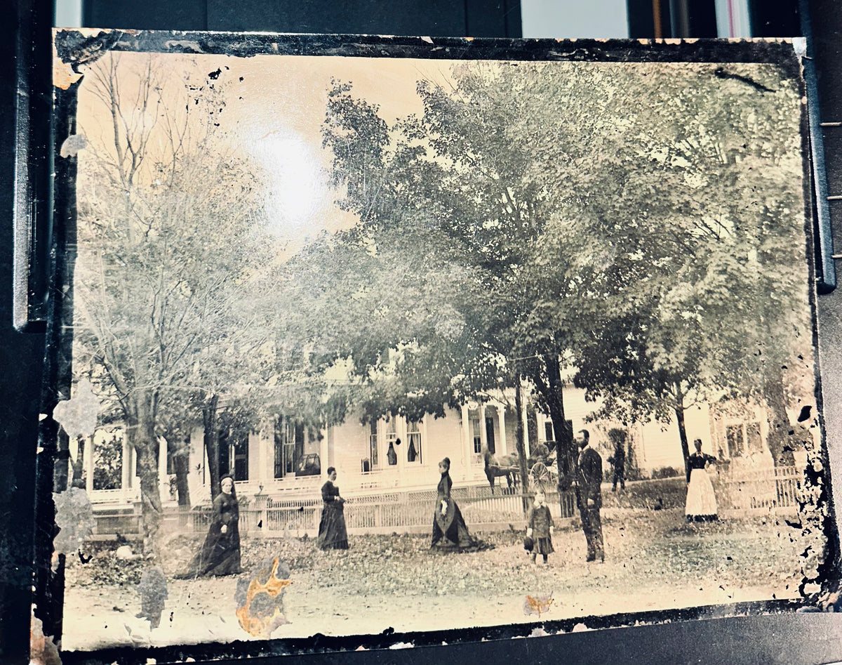 2 Full Plate Outdoor Tintype Photo People in Front of House Boy on Roc ...