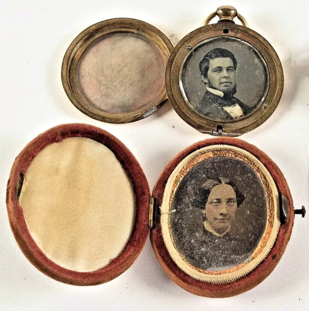 Miniature Photos Daguerreotype of Man in Gold Locket Tintype Woman Velvet Case