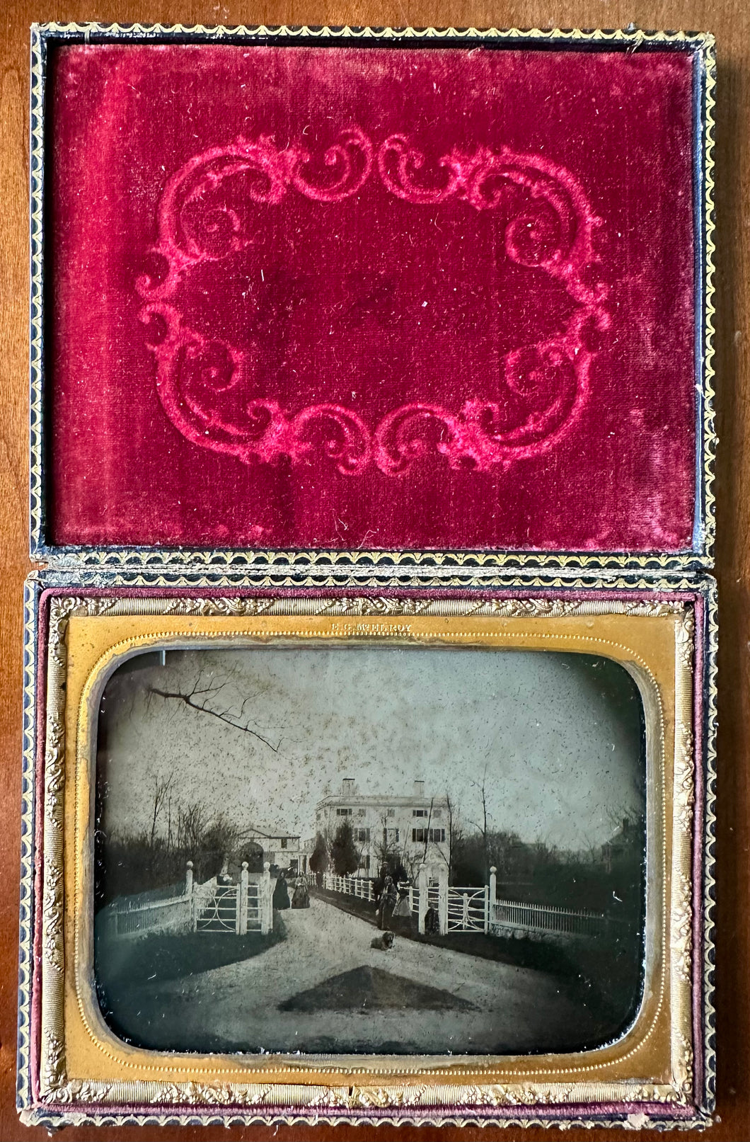 Half Plate Ambrotype People & Dog in Front of House Dorchester Massachusetts