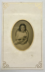 Little Girl Holding Striped Kitten / Cat Great 1870s Tintype Photo