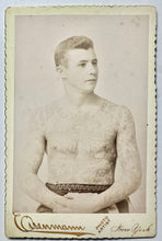 Load image into Gallery viewer, Tattooed Man Cabinet Card Dated Fourth of July 1891 "GEORGE KARLAVAGN"
