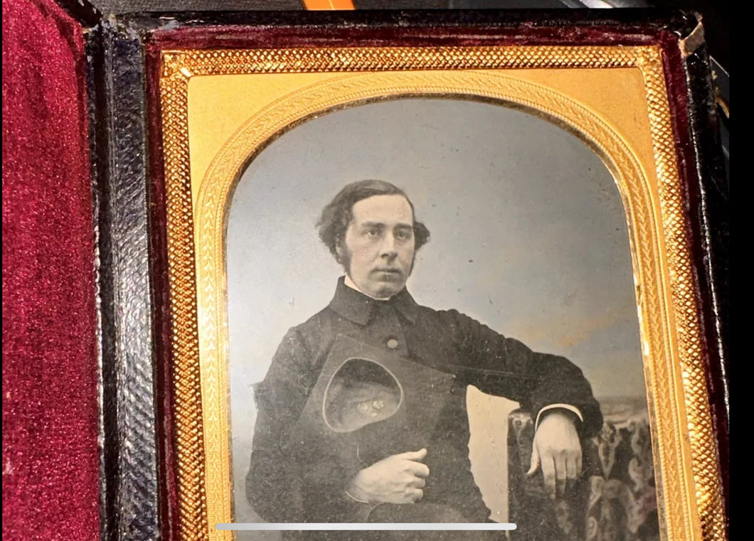 Antique Ambrotype Professor or Scholar Holding Academic Cap Tinted 1800s Photo