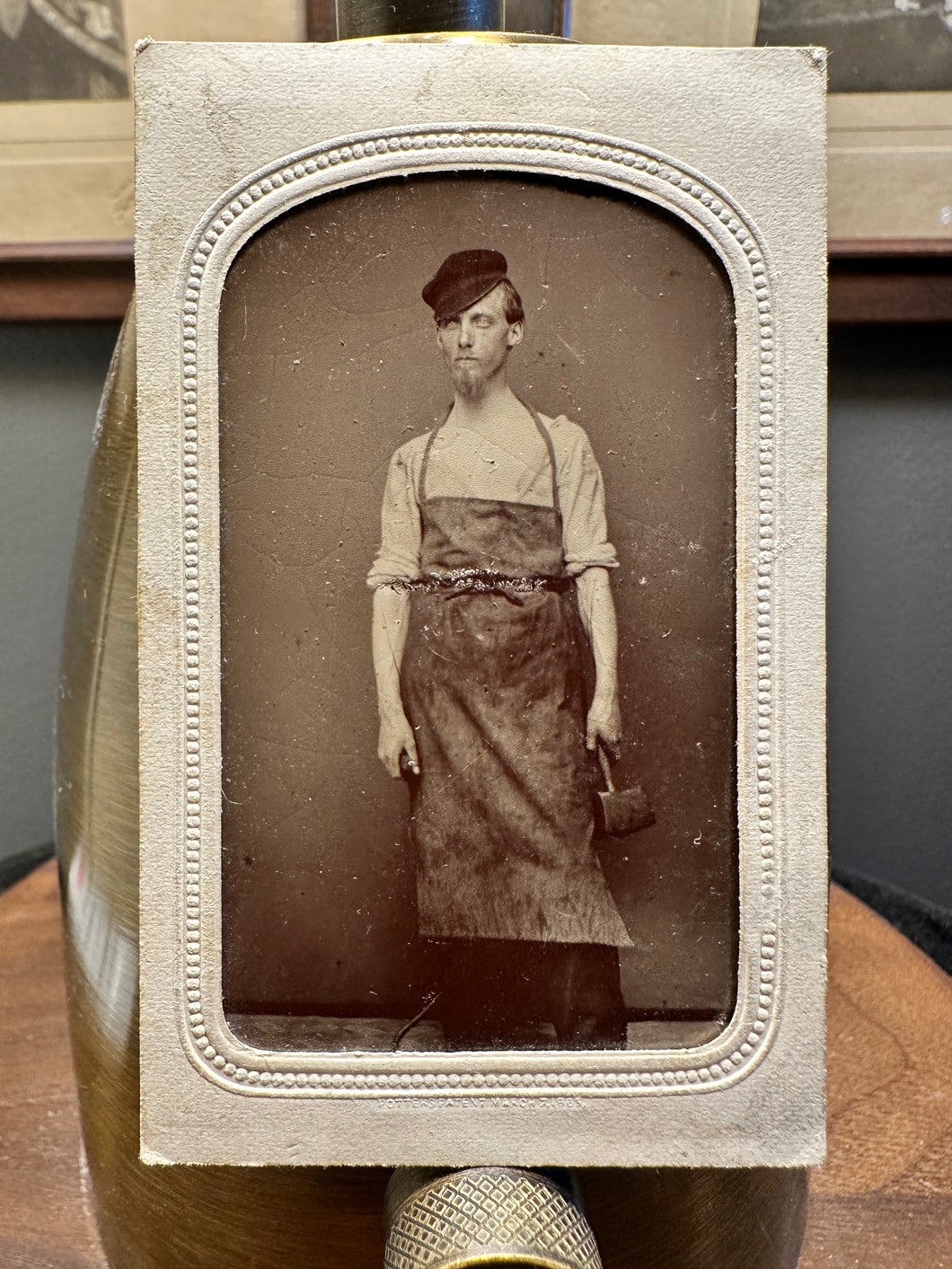 Blacksmith? Worker in Apron Holding Hammer Occupational 1860s Tintype