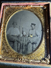 Load image into Gallery viewer, Young Poker Players / Civil War Soldiers? Painted Gold Buttons + Gun 1/6 Tintype
