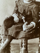 Load image into Gallery viewer, Little Girl Feeding Kitten from Milk Bottle 1890s CDV Photo
