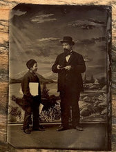 Load image into Gallery viewer, Occupational Tintype Man Buys Newspaper from Newsboy Unusual 1800s Photo

