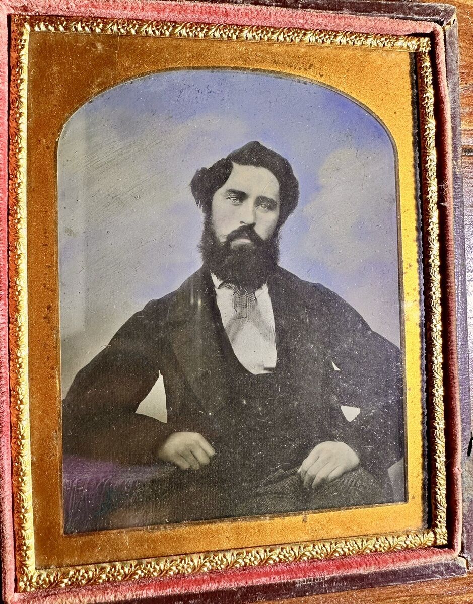 Near Half Plate Handsome ID'd Bearded Man Musician Church Organist Tinted Photo