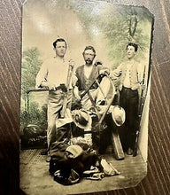 Load image into Gallery viewer, Excellent Tintype Lumberjack Men Holding Tools + Rifle 1800s Occupational Photo
