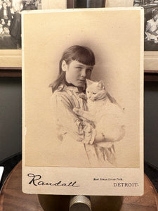 Little Girl Holding White Cat Detroit Michigan circa 1890