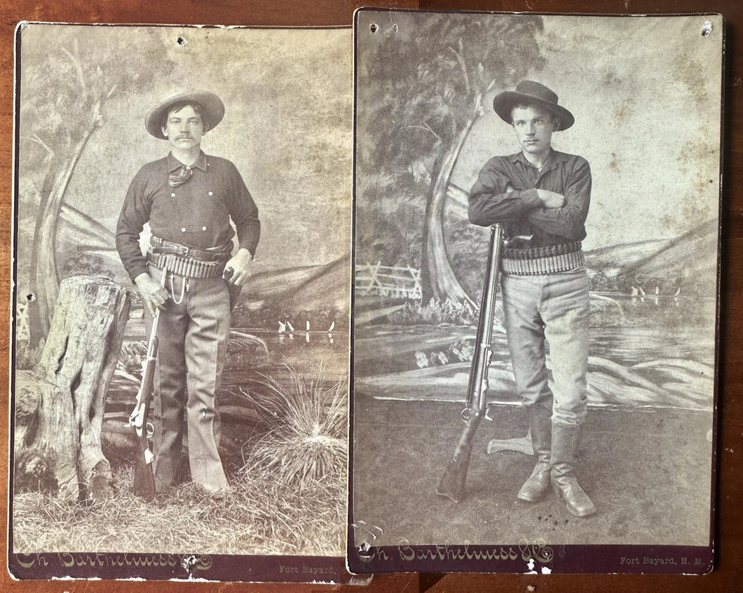 TWO 1880s NEW MEXICO FORT BAYARD SOLDIERS OR ARMY SCOUT RIFLE AMMO BELT CABINET CARD