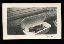 Load image into Gallery viewer, Very Sad Post Mortem Dog in Coffin with Toys + Note VTG Snapshot Photo
