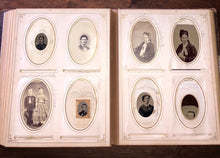 Load image into Gallery viewer, Large Photo Album 1860s 1880s 76 CDV Tintype Cabinet + Victorian Calling Cards
