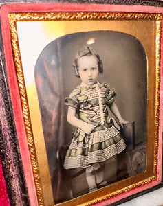 1/4 PLATE Tinted Ruby Ambrotype Little Boy Wearing Dress 1850s Color