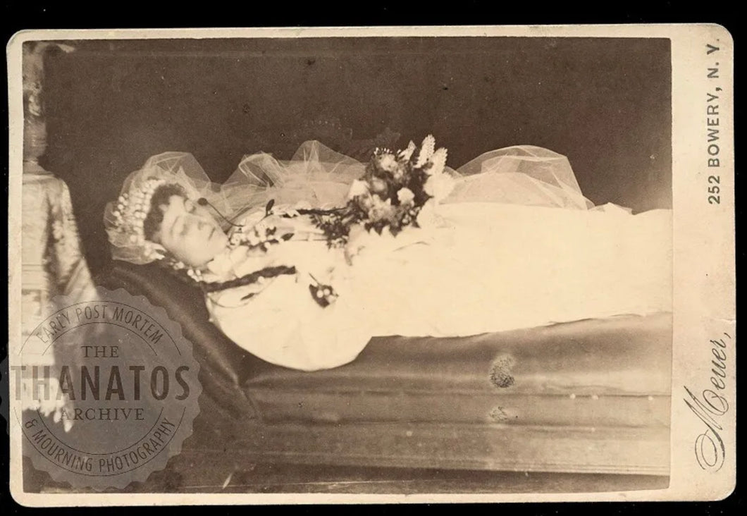 Post Mortem Cabinet Card Girl Wearing Long White Veil Bowery NYC 1800s Photo