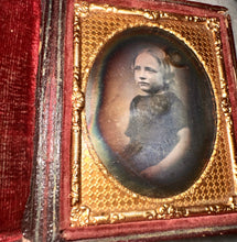 Load image into Gallery viewer, SAD LITTLE GIRL DARK DRESS MAYBE MOURNING SEALED 1/9 PLATE DAGUERREOTYPE
