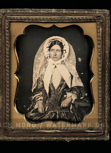 1850s 1/6 Daguerreotype Photo Pretty Woman Bonnet White Lace Wedding? Veil