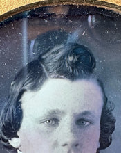 Load image into Gallery viewer, ID'd Handsome Young Man Tall Hair Freckles ++ GOLD HAIR PIN??? 1/6 Daguerreotype
