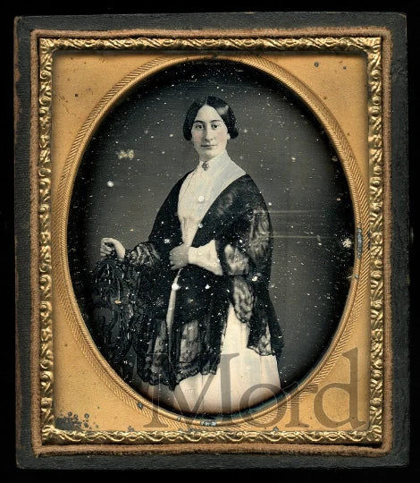 Beautiful 1850s 1/6 Daguerreotype of a Woman in Black Lace Shawl Gothic Chair