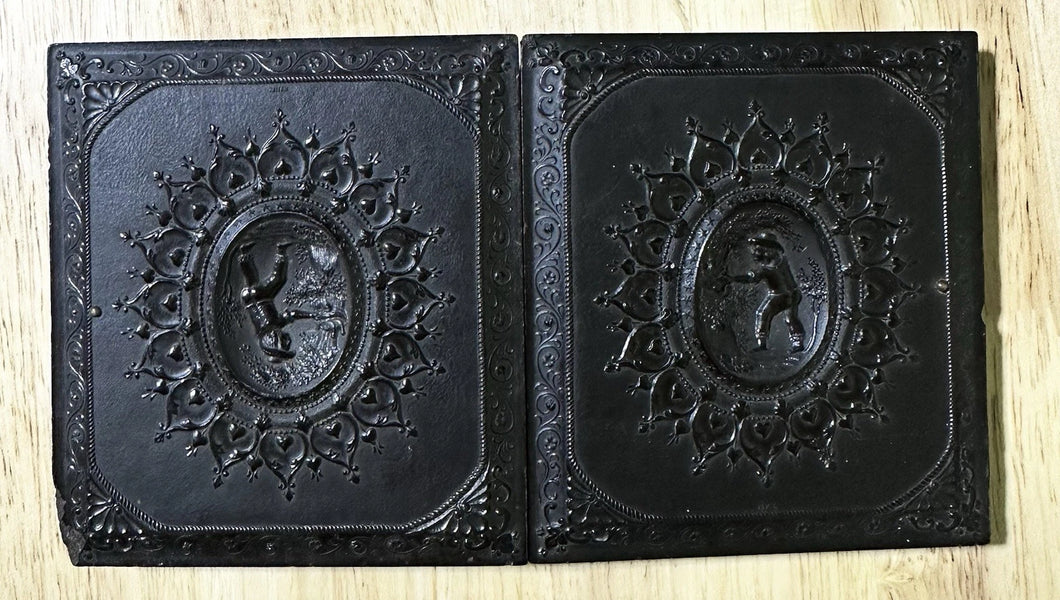 STEALING BIRDS EGGS RARE 1850s EMPTY 1/6 DAGUERREOTYPE PHOTO CASE GUTTA PERCHA