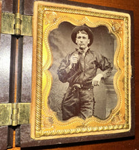 Load image into Gallery viewer, Antique Tintype Photo Cowboy with Flobert Pistol Smoking Pipe 1850s Union Case
